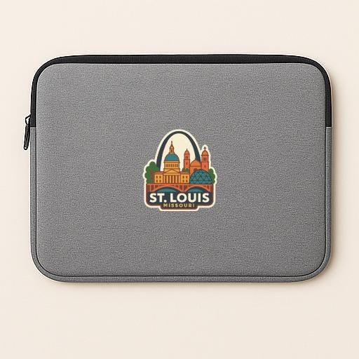 A gray laptop sleeve with a St. Louis Missouri state logo printed on it.