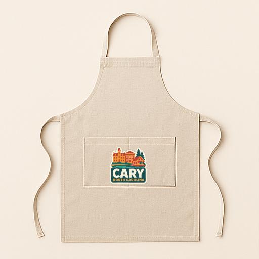 A beige apricot with a graphic design on the front pocket, featuring a house and trees.