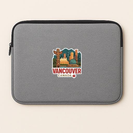 A gray laptop sleeve with a graphic of the Vancouver skyline and the text "Vancouver Canada" printed on it.