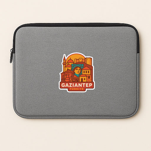 a gray laptop sleeve with a sticker depicting a cityscape and the text "GAZIANTEP" printed on it.