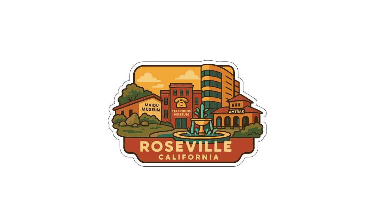 The image is a sticker or emblem featuring a cityscape with buildings, a fountain, and a clock, representing the city of Roseville, California.