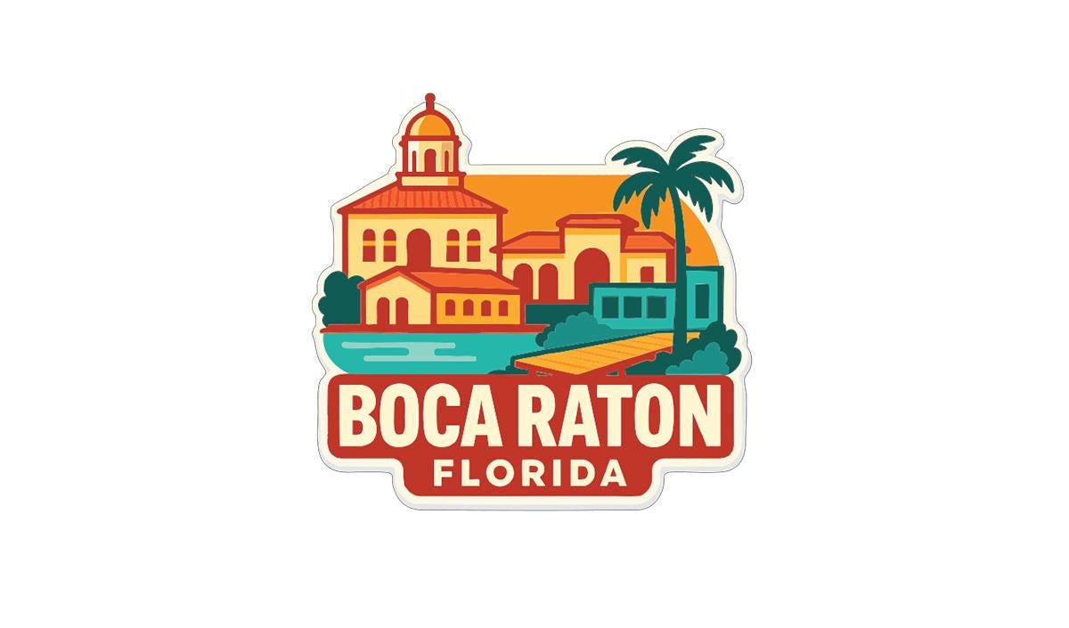 A sticker or emblem featuring a tropical-themed illustration of Boca Raton, Florida, with a palm tree, buildings, and a body of water.