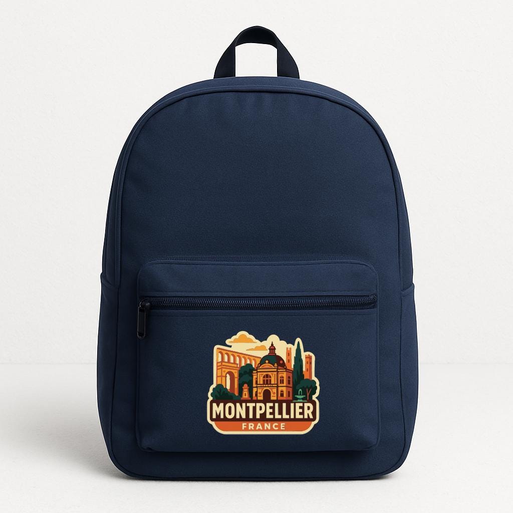 A navy blue backpack with a graphic of Montpellier, France, printed on it.