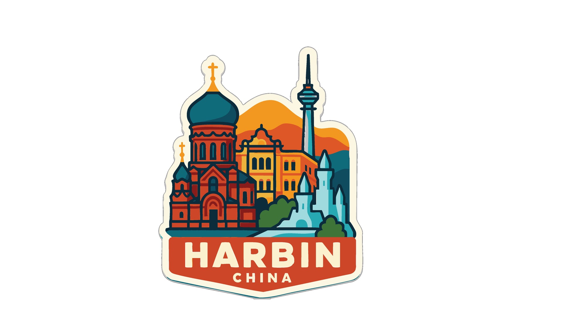 A sticker depicting the skyline of Harbin, China, with various landmarks and buildings.