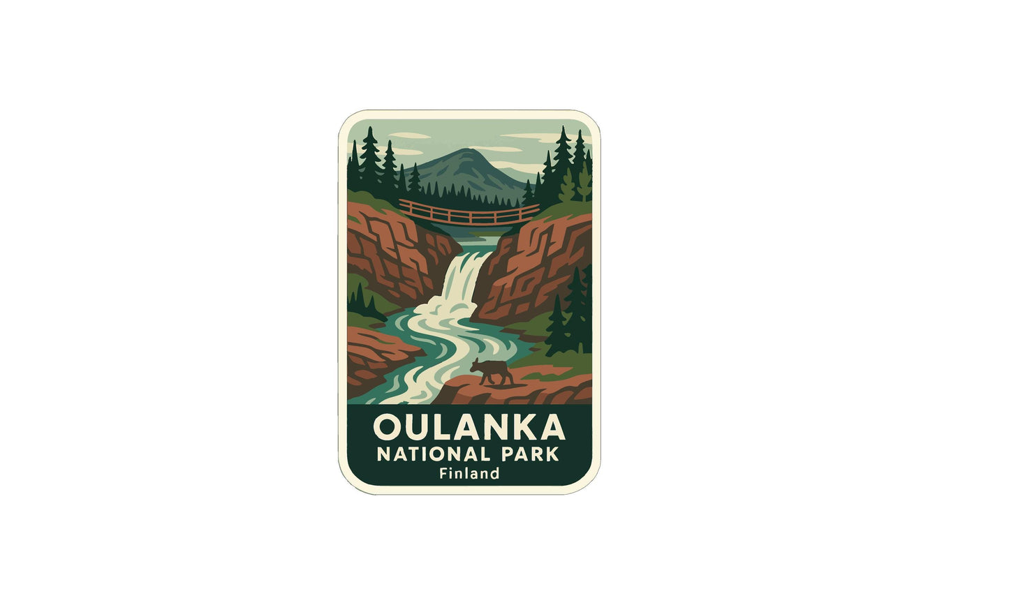 The image is a sticker or label for Oulanka National Park in Finland, featuring a scenic landscape with a waterfall, mountains, and a moose.