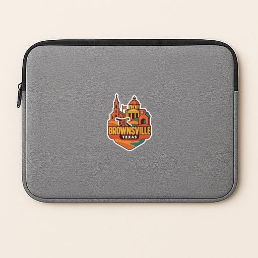 A gray laptop sleeve with a sticker of the town of Brownsville, Texas.