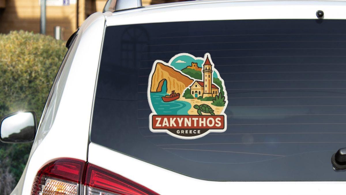 A sticker on the rear window of a car, depicting a scenic view of Zakynthos, Greece.