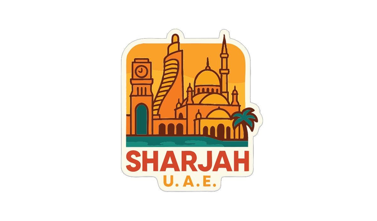 a sticker or logo depicting the skyline of Sharjah, United Arab Emirates, with various landmarks such as a clock tower, mosque, and palm trees.