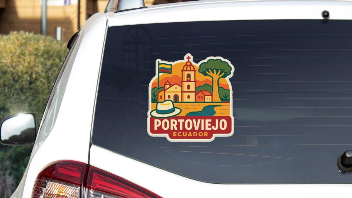 a sticker on the rear window of a white car that says "Portoviejo Ecuador".