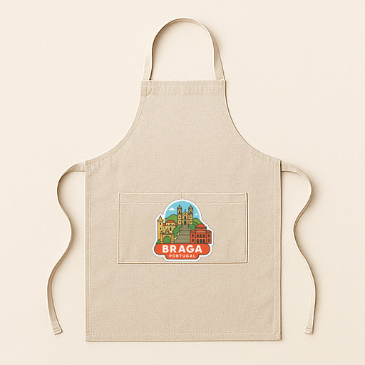 A beige apricot with a graphic of a city skyline and the text "BRAGA" printed on it.