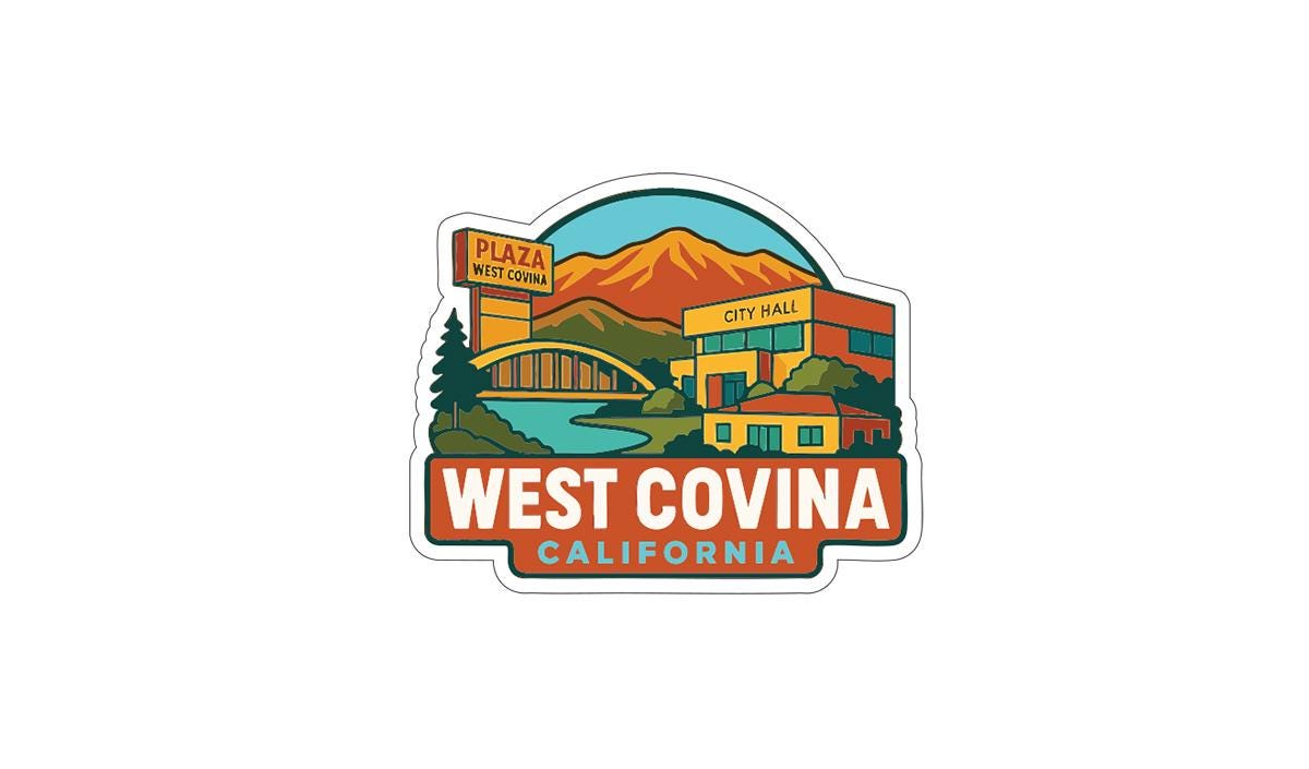 A colorful sticker depicting West Covina, California, with a mountain, buildings, and a bridge.