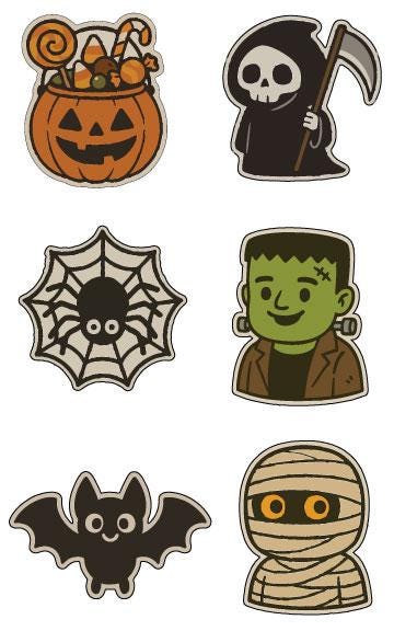 six Halloween-themed stickers, including a jack-o-lantern, a skeleton, a spider, a Frankenstein's monster, a bat, and a mummy.