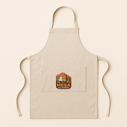 A beige apricot with a graphic of a mountain and the text "MESA CALIFORNIA" printed on it.