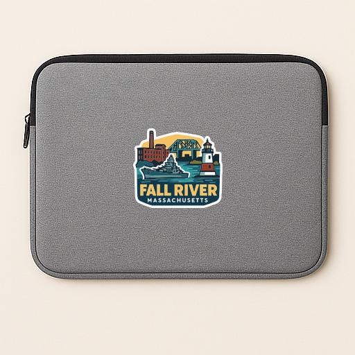 A gray laptop sleeve with a graphic design depicting the Fall River, Massachusetts.