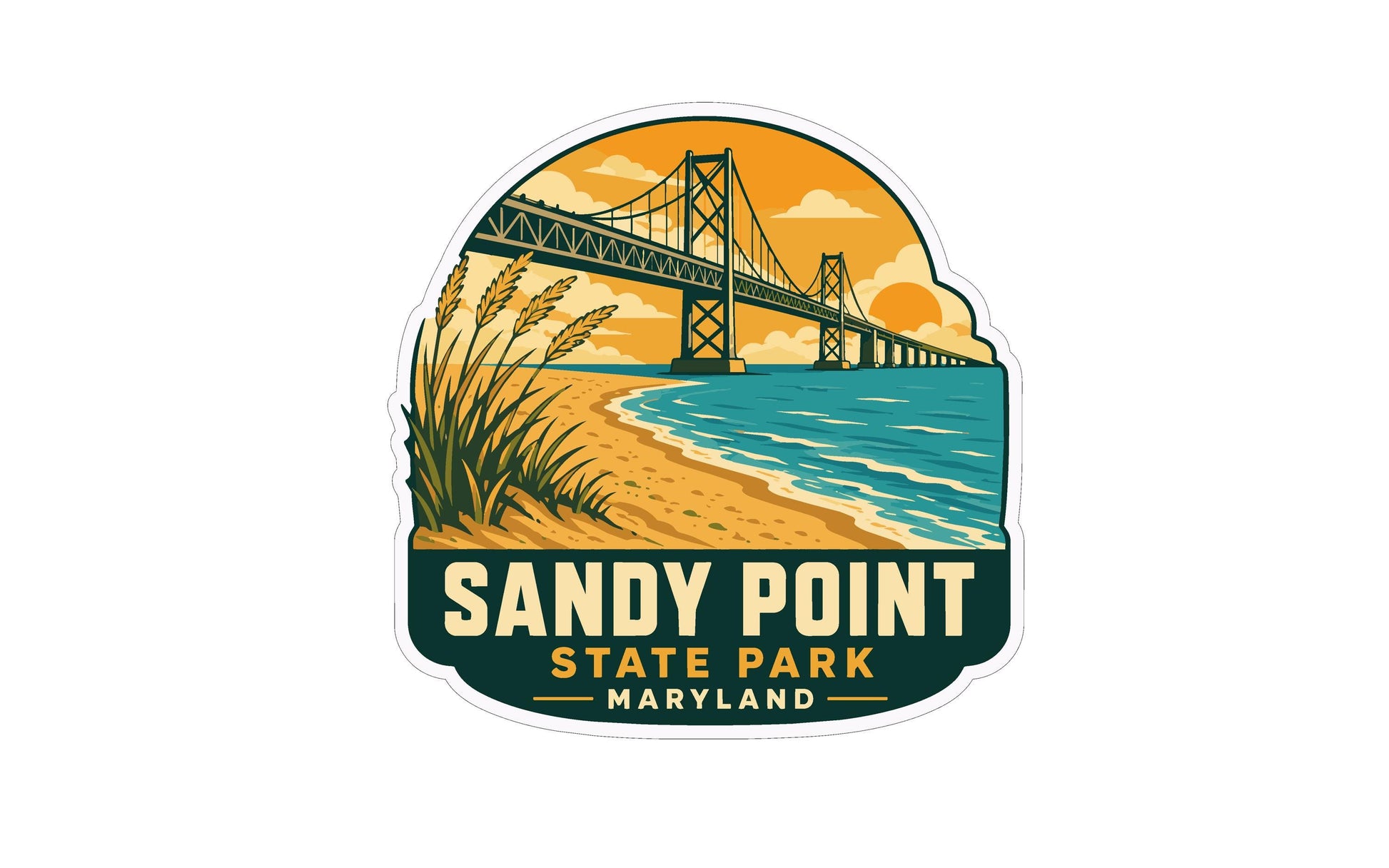 A sticker or emblem featuring a suspension bridge over a beach and ocean, with the text "SANDY POINT STATE PARK MARYLAND" prominently displayed.