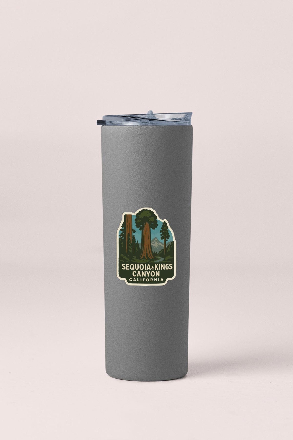 A gray insulated tumbler with a lid and a label that says "SEQUOIAKINGS CAVALOON, CALIFORNIA".