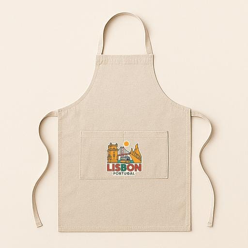 A beige apricot with a graphic of Lisbon, Portugal, printed on it.