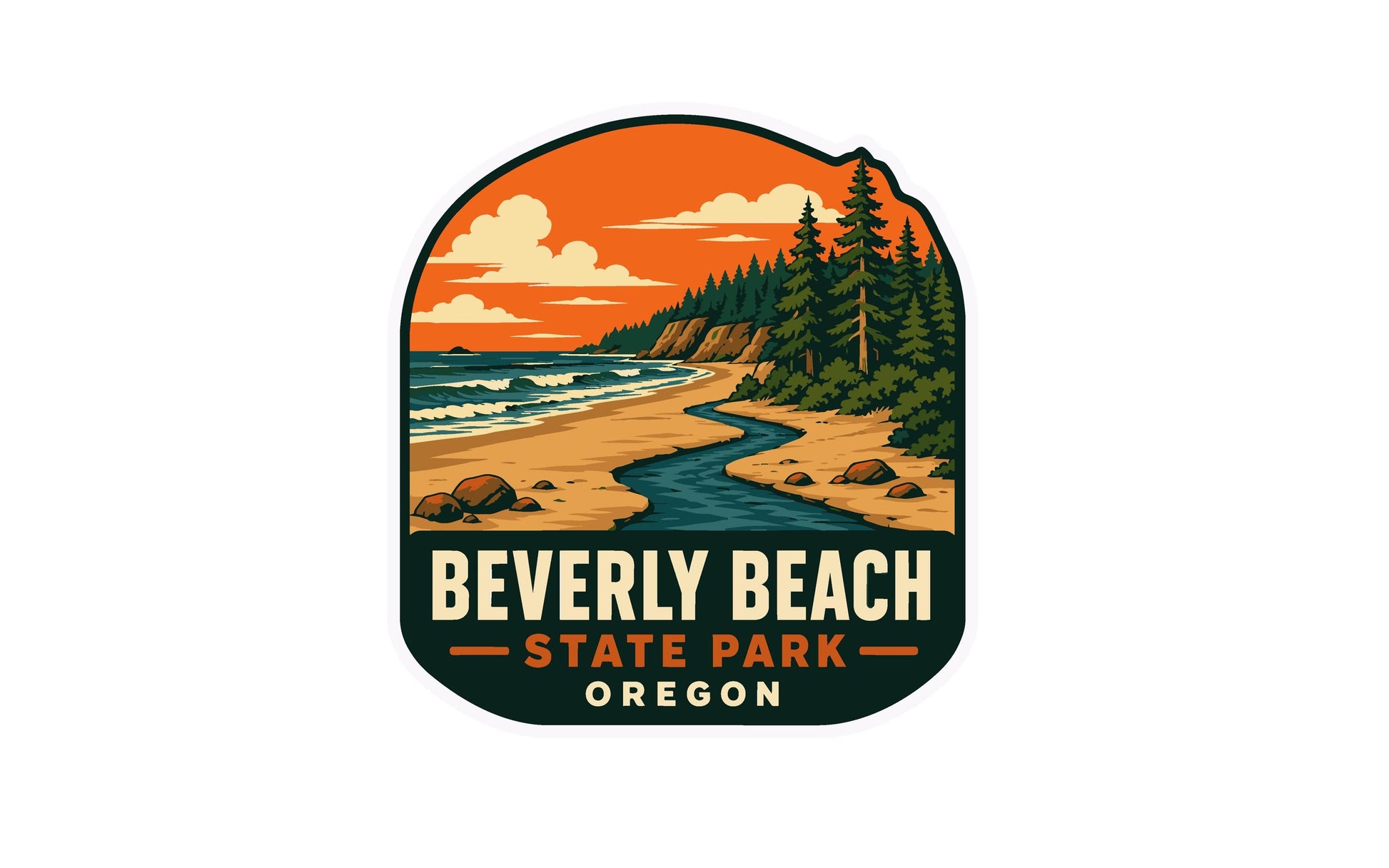 A sticker or logo depicting a scenic landscape with a beach, river, and forest, with the text "BEVERLY BEACH STATE PARK OREGON" prominently displayed.