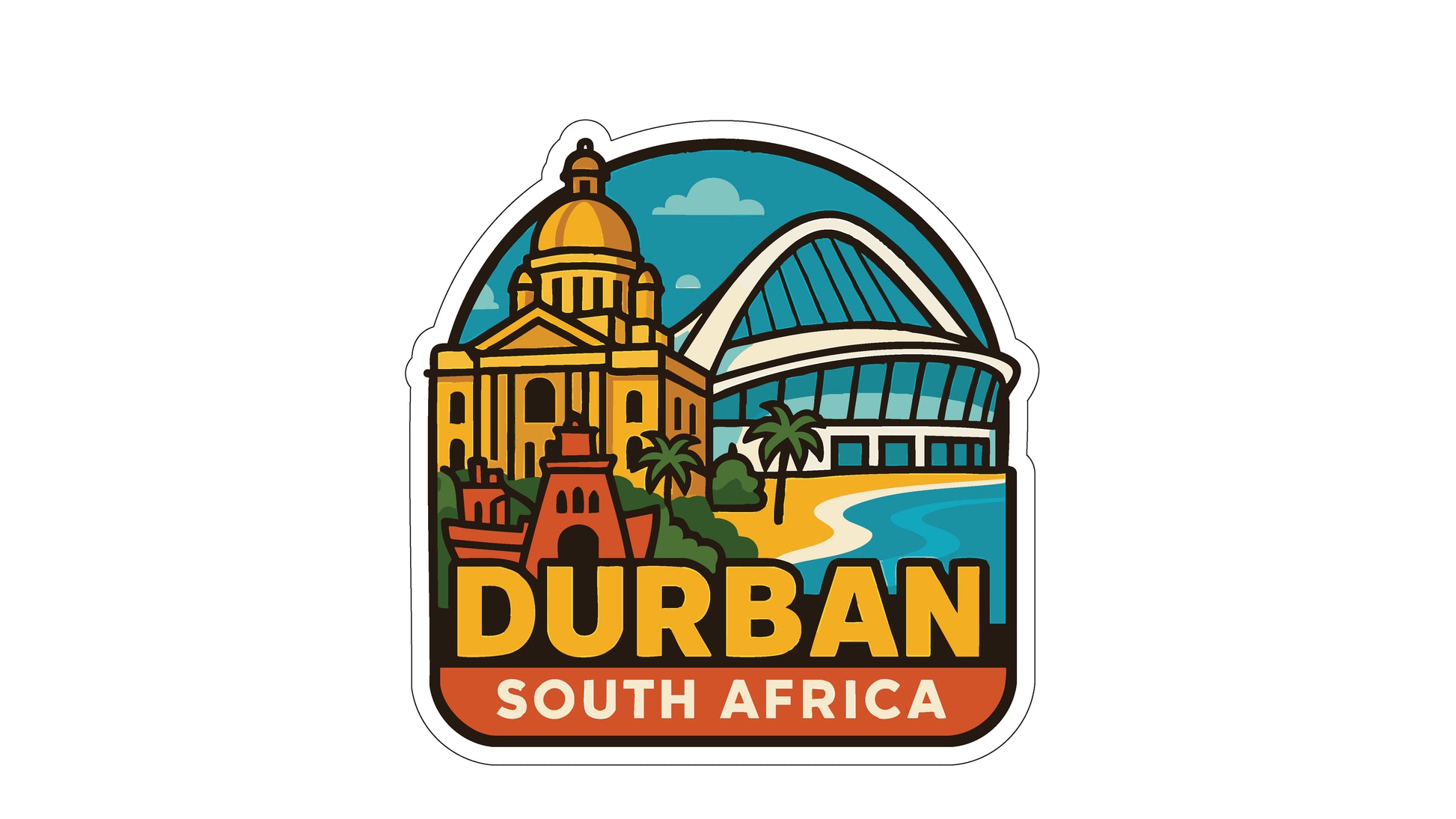 a stylized illustration of Durban, South Africa, with various landmarks and elements representing the city's unique character.