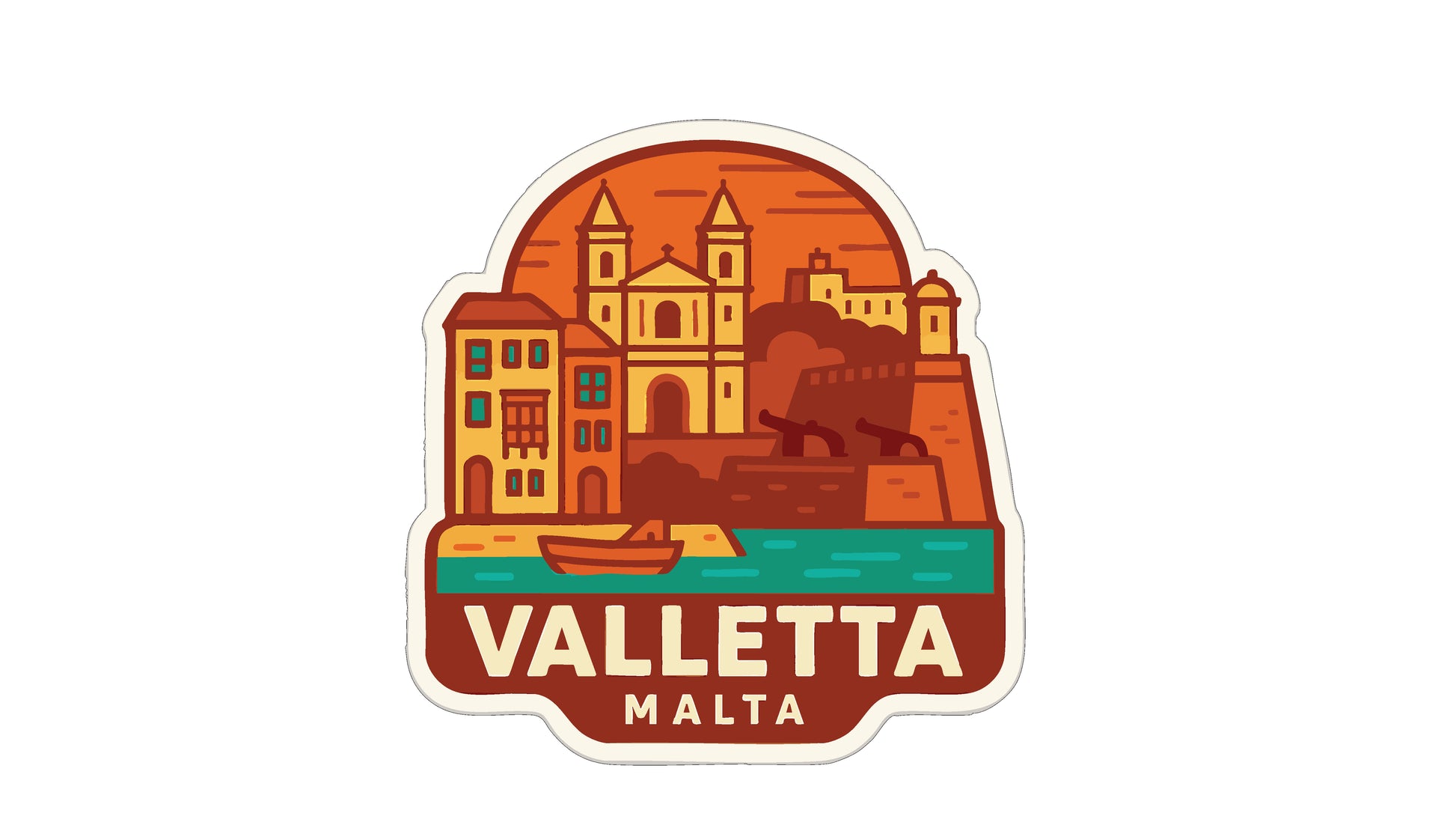 A sticker depicting the cityscape of Valletta, Malta, with a castle, buildings, and a boat on the water.