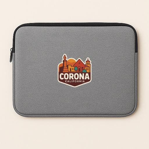 a gray laptop sleeve with a logo of Corona, California.