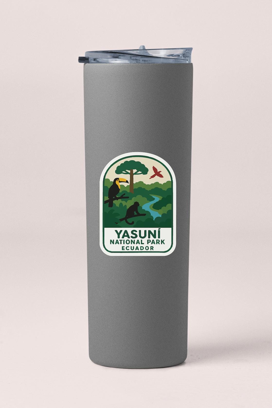 A gray cylindrical container with a lid and a label that says "Yasuni National Park Ecuador".