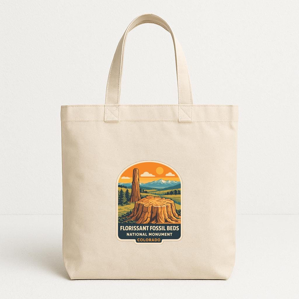 A beige tote bag with a graphic design depicting a fossil bed and a mountain landscape.