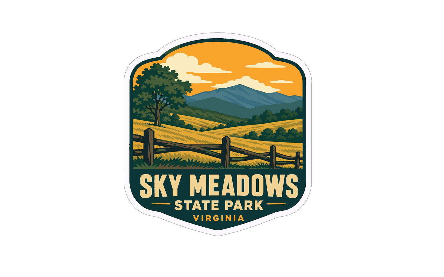 A sticker or emblem featuring a scenic landscape with a mountain range, a tree, and a wooden fence, with the text "SKY MEDITERS STATE PARK VIRGINIA" prominently displayed.