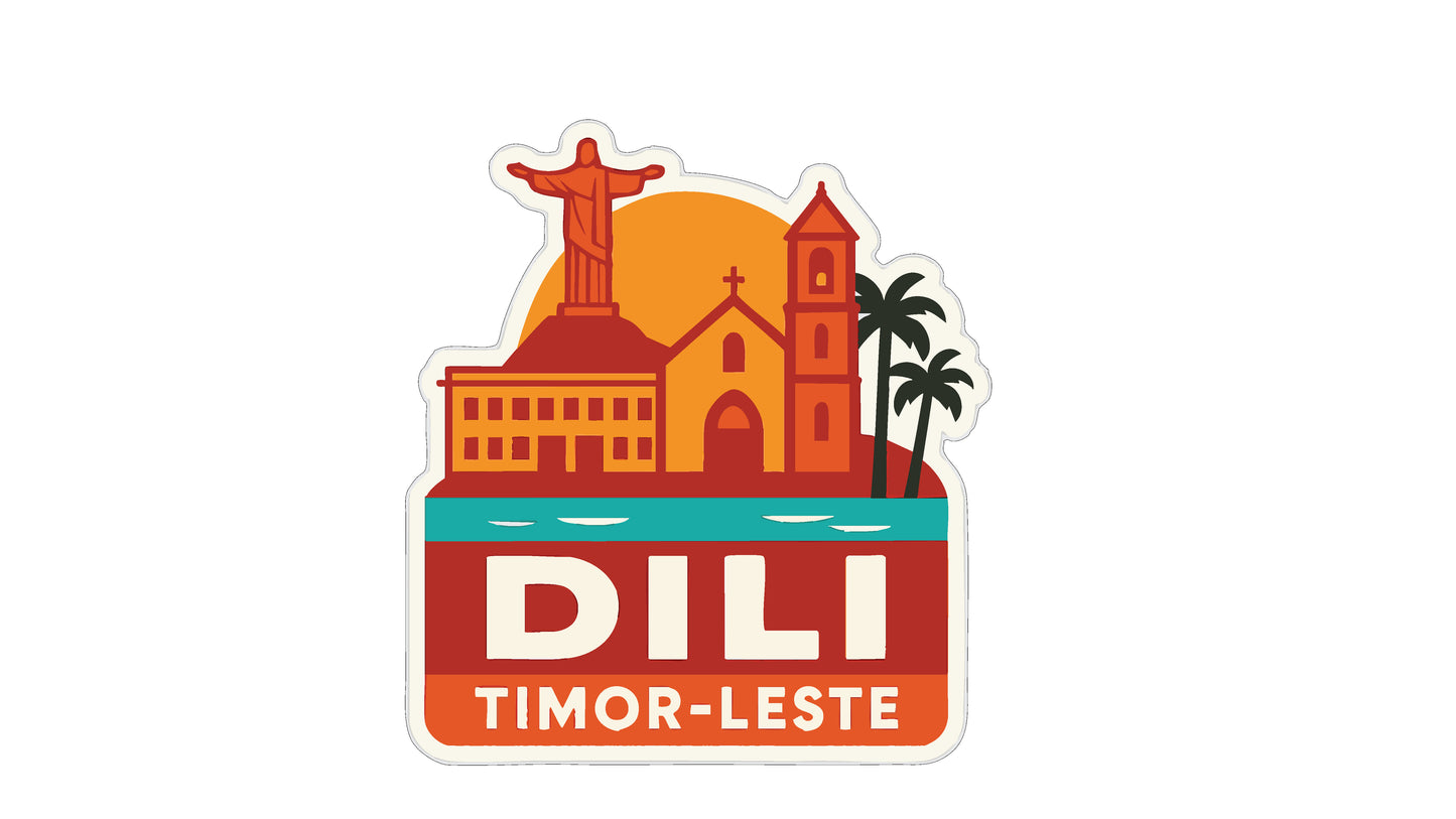 a sticker with a stylized illustration of a cityscape, including a church, a statue, and palm trees. The sticker has the text "DILI TIMOR-LESTE" written on it.