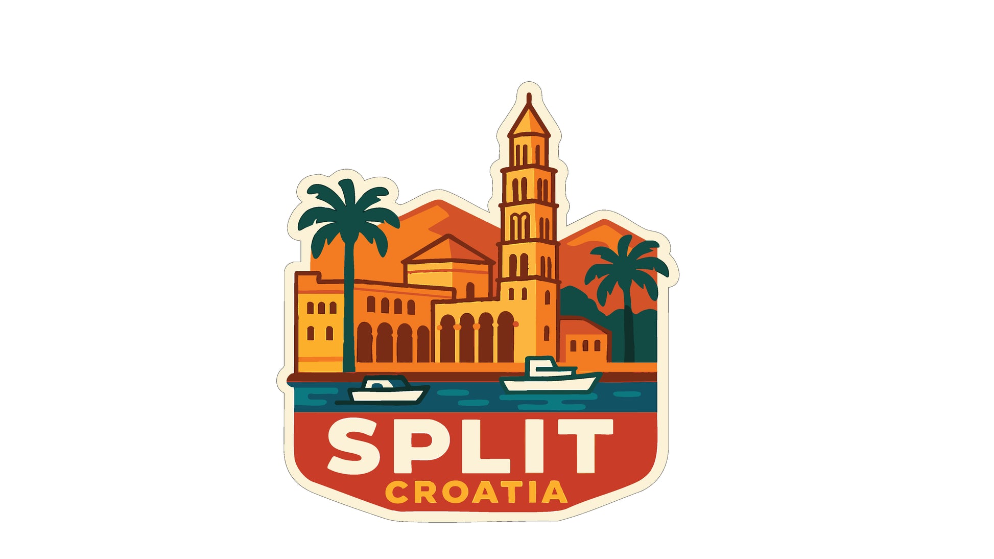 a sticker or emblem with a cityscape and palm trees, along with the text "SPLIT CROATIA".