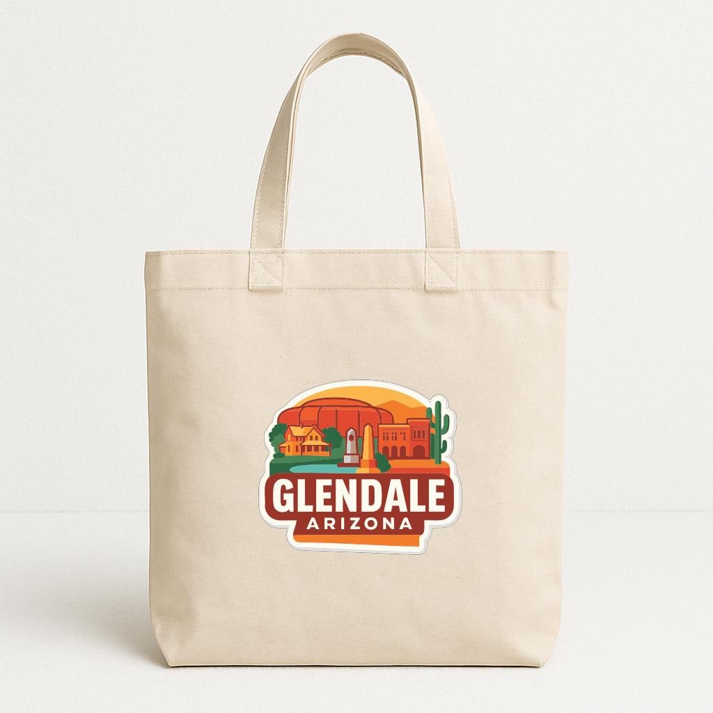 A beige tote bag with a graphic design featuring a desert landscape and the text "Glendale Arizona" printed on it.