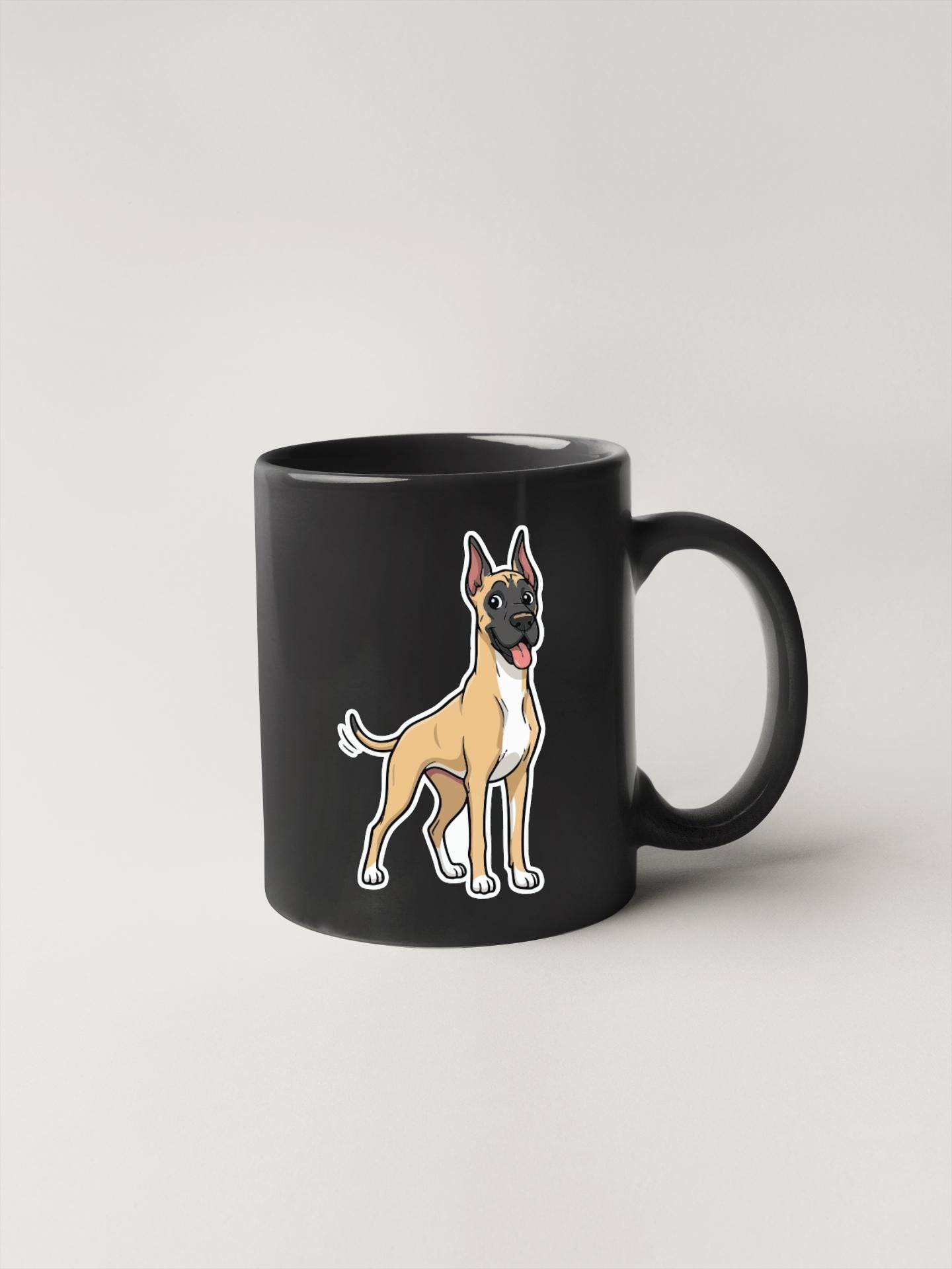 A black coffee mug with a cartoon illustration of a dog on it.
