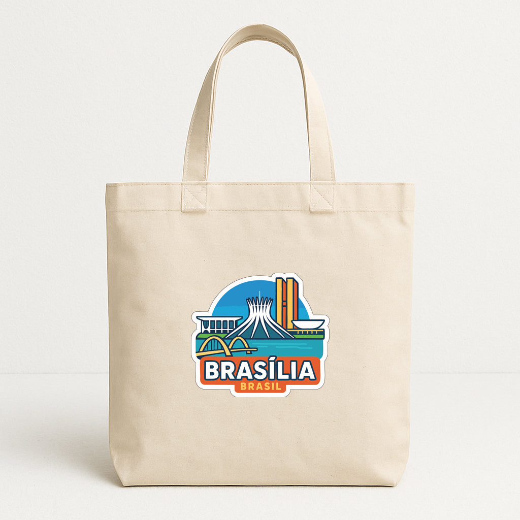 A beige tote bag with a graphic of the city of Brasilia, the capital of Brazil, printed on it.