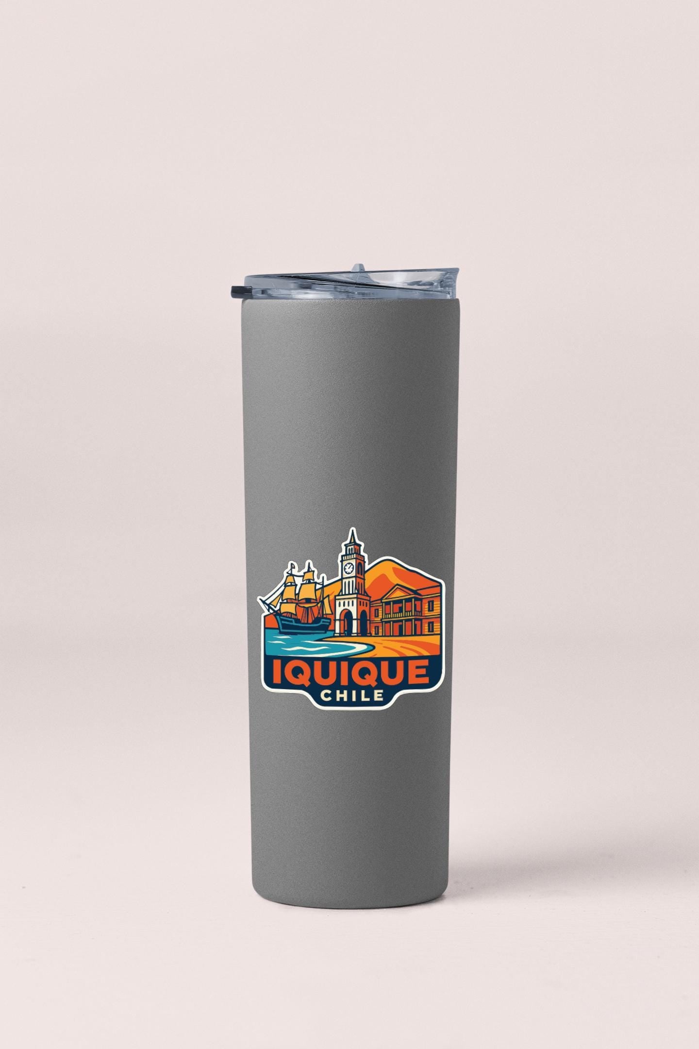 A gray insulated tumbler with a printed logo of Iquique Chile on it.