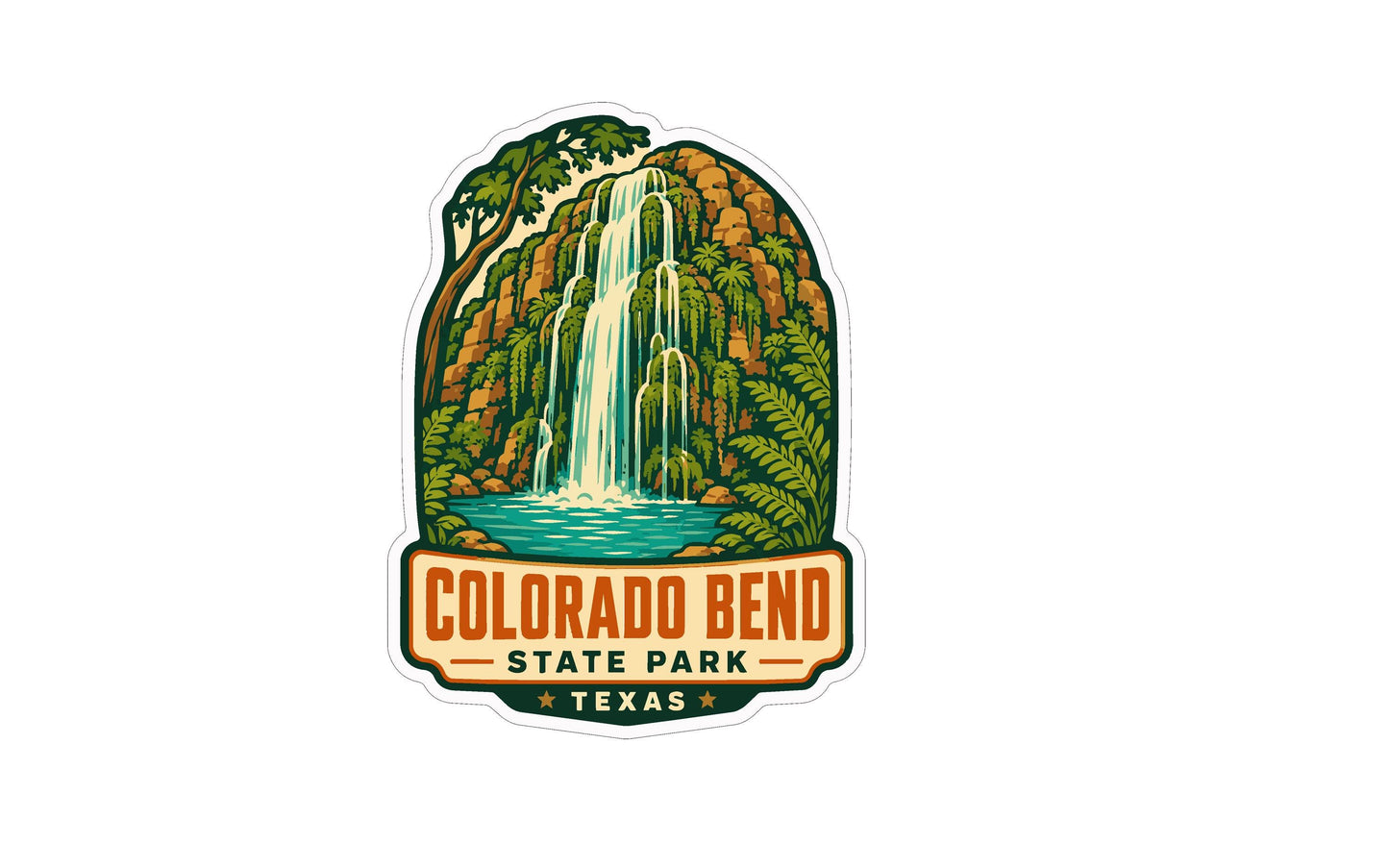 A colorful sticker or emblem featuring a waterfall surrounded by lush greenery, with the text "COLORADO BEND STATE PARK TEXAS" prominently displayed.