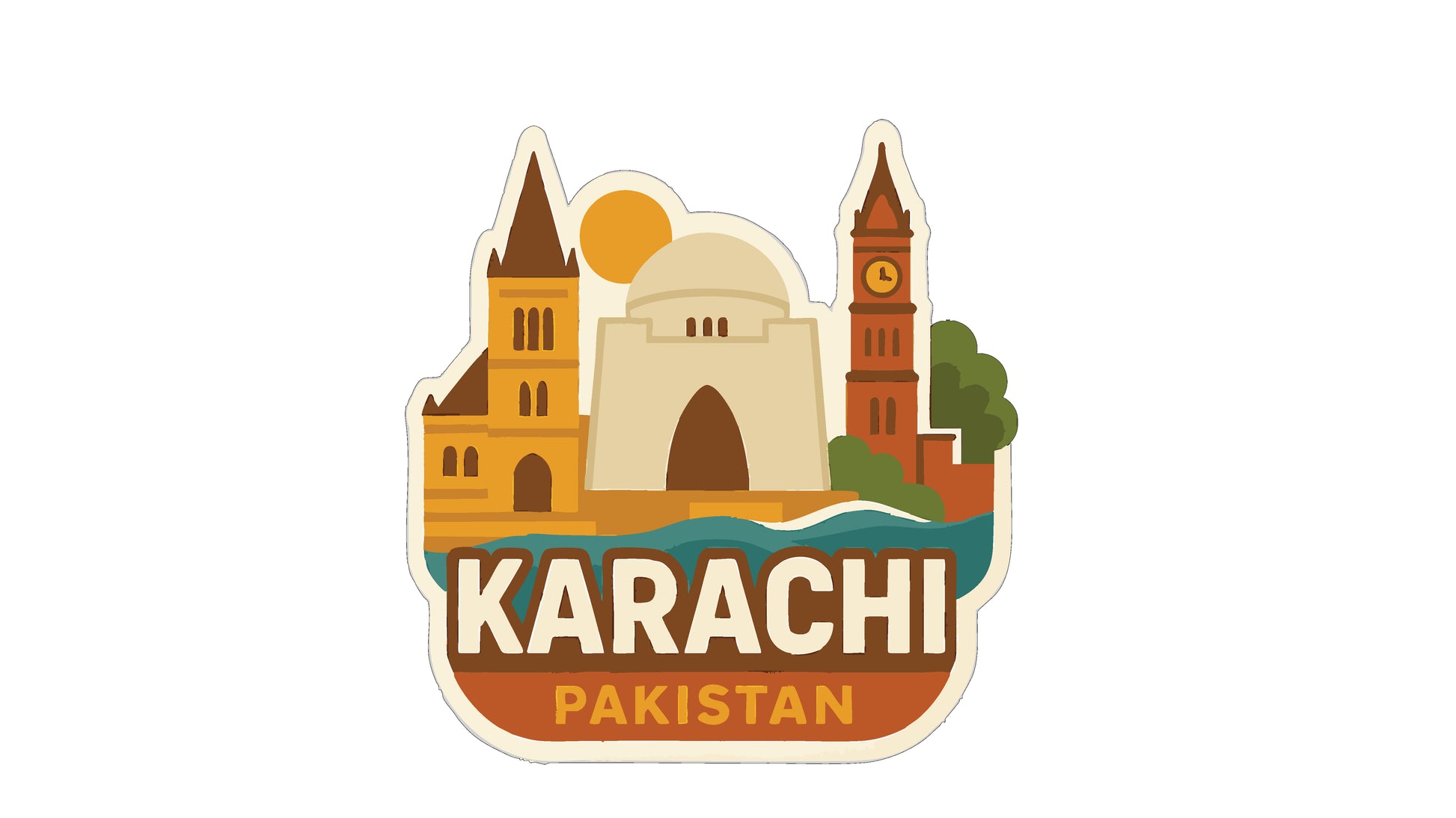A sticker depicting the skyline of Karachi, Pakistan, with a clock tower, domed building, and other architectural elements.