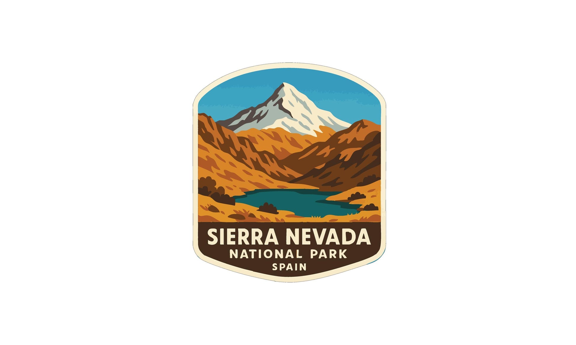 A vintage-style logo for Sierra Nevada National Park in Spain, featuring a mountain landscape with a lake in the foreground.