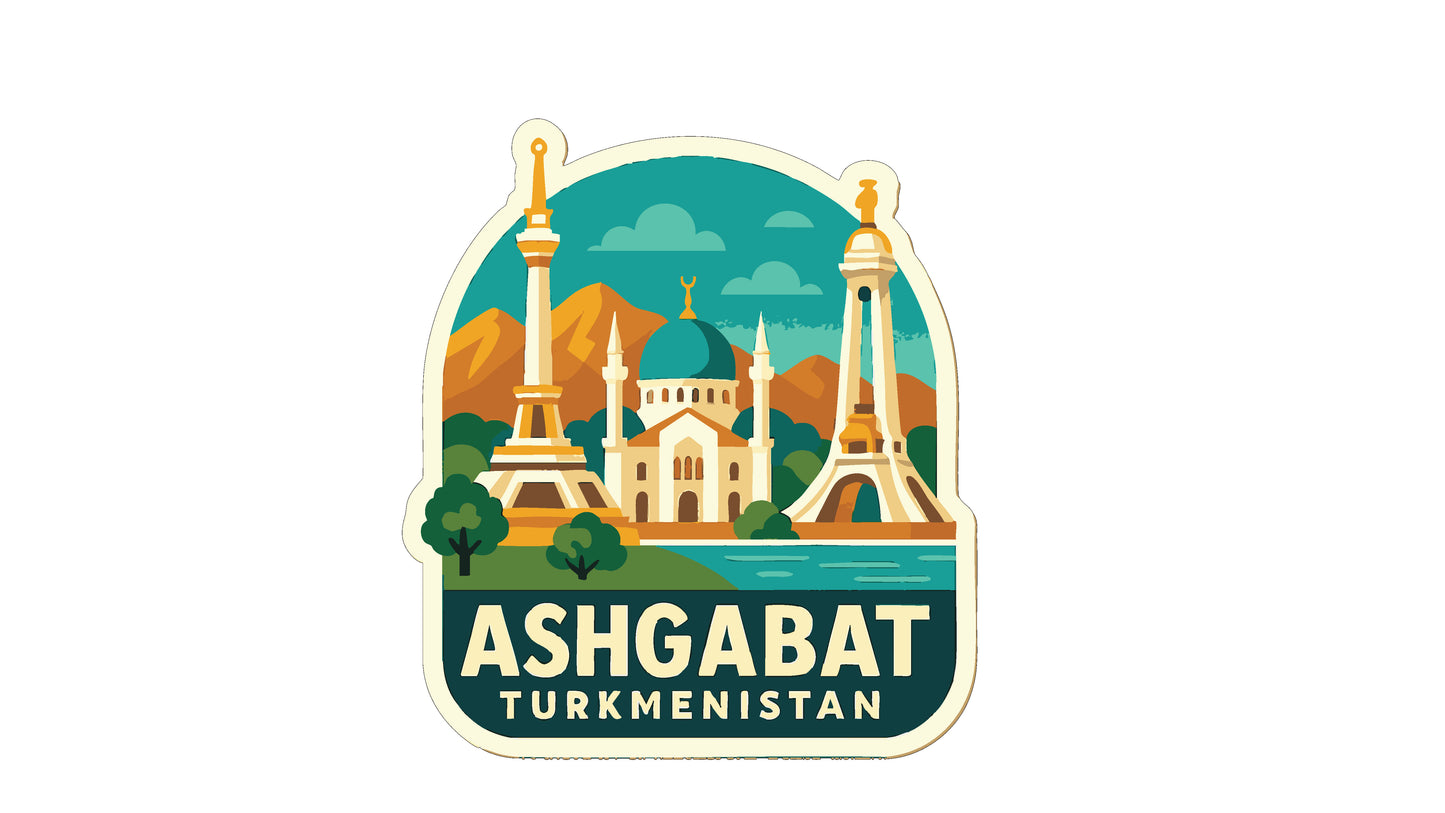 a sticker or emblem with the text "ASHGABAT TURKMENISTAN" prominently displayed. The background of the image showcases a cityscape with various architectural elements, including towers and domes, set against a backdrop of mountains and a body of water.
