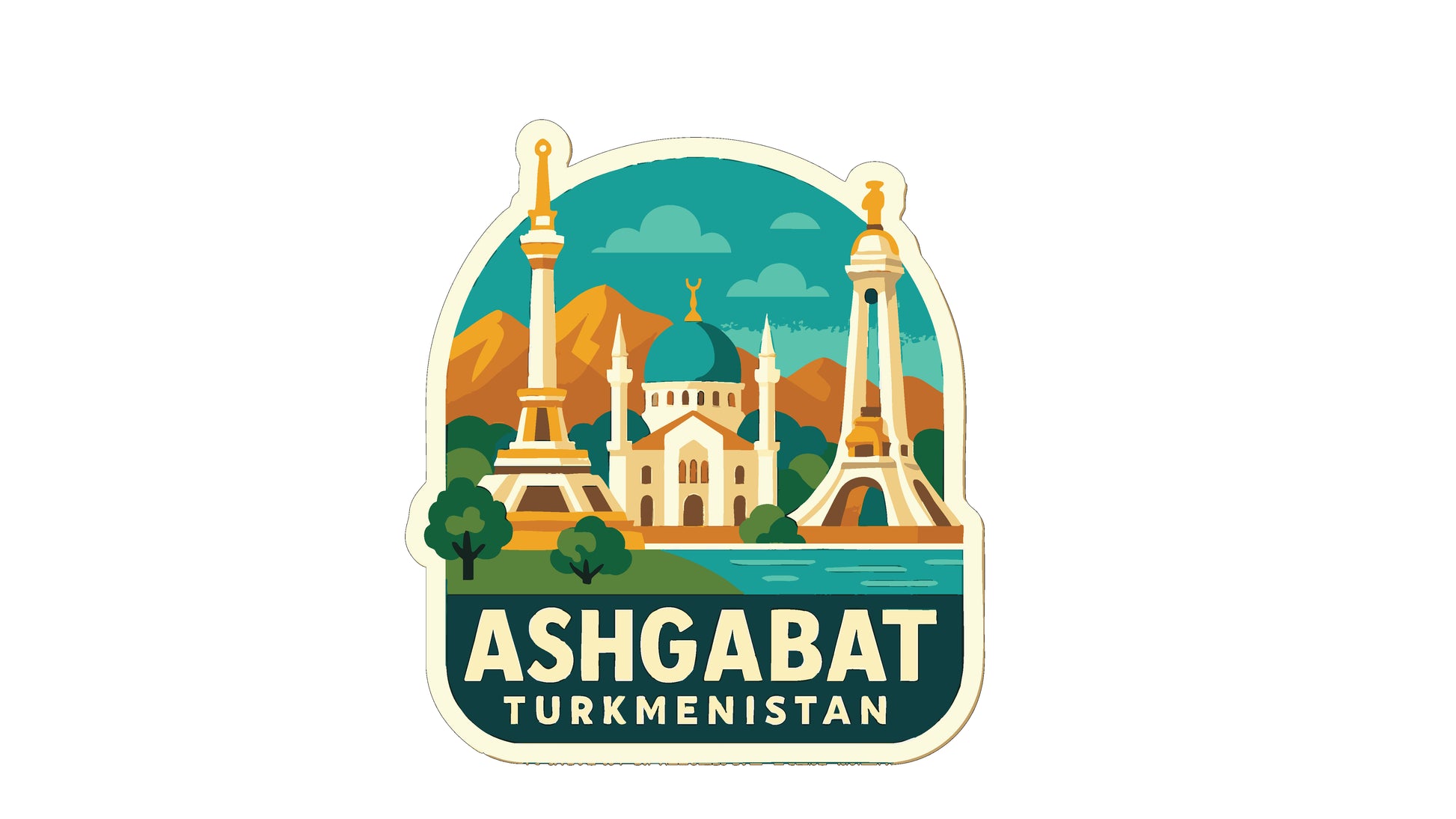 a sticker or emblem with the text "ASHGABAT TURKMENISTAN" prominently displayed. The background of the image showcases a cityscape with various architectural elements, including towers and domes, set against a backdrop of mountains and a body of water.