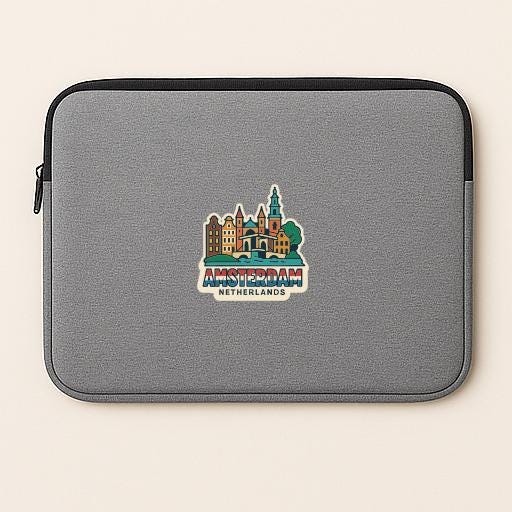 A gray laptop sleeve with a sticker depicting the city of Amsterdam, Netherlands.