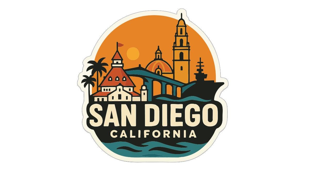 A sticker or logo featuring the San Diego, California skyline with various landmarks, including a bell tower, palm trees, and a bridge.