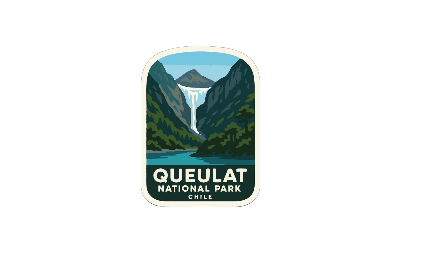 a sticker or emblem for Queulat National Park in Chile, depicting a waterfall surrounded by lush green mountains and a blue river.