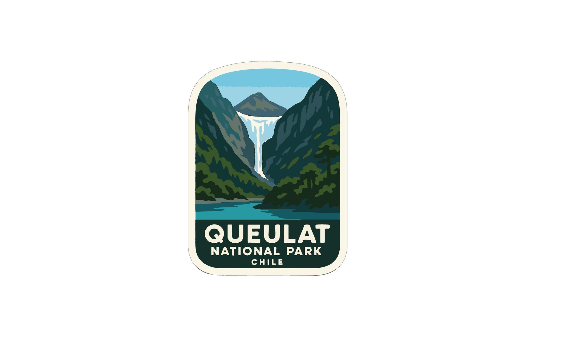 a sticker or emblem for Queulat National Park in Chile, depicting a waterfall surrounded by lush green mountains and a blue river.