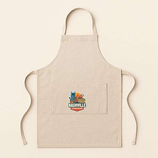 A beige apricot with a graphic of a city skyline and the text "Nashville" printed on it.