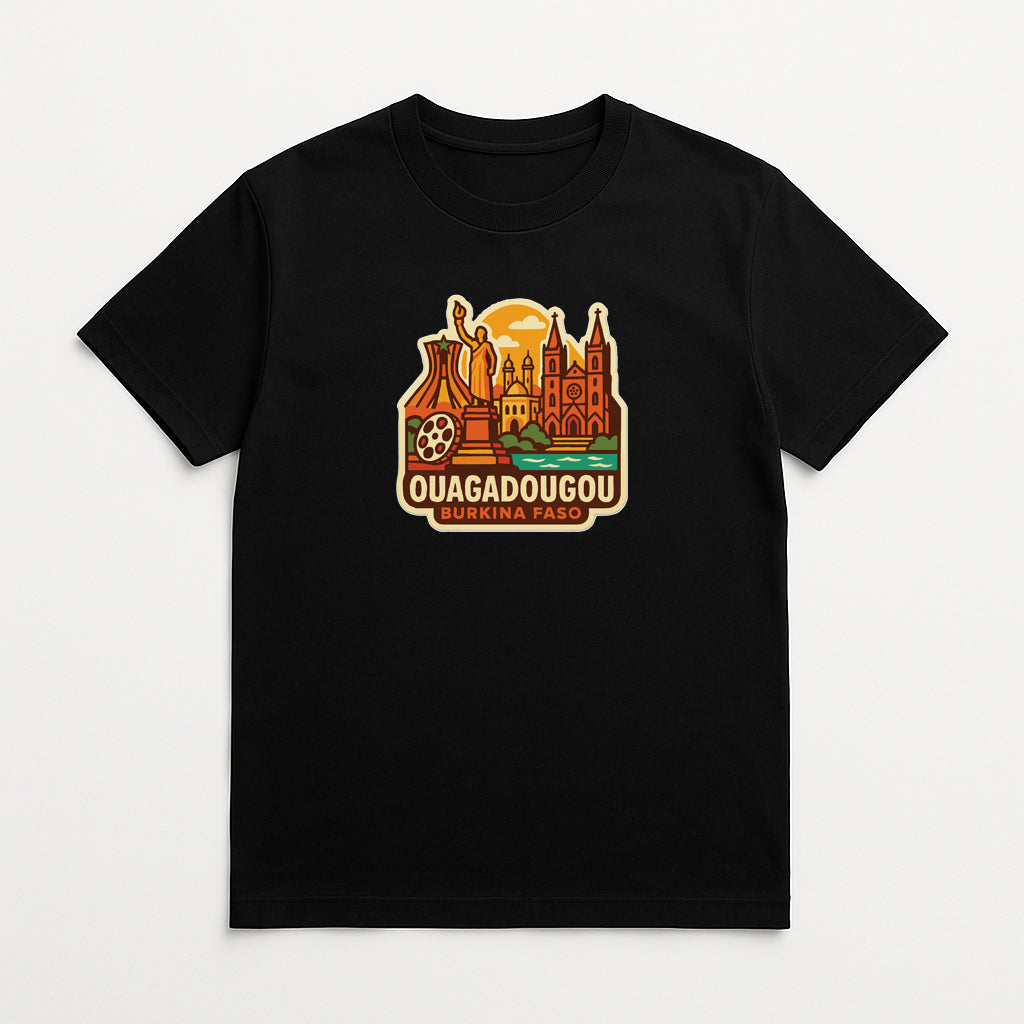 A black t-shirt with a graphic design depicting the city of Ouagadougou, Burkina Faso.