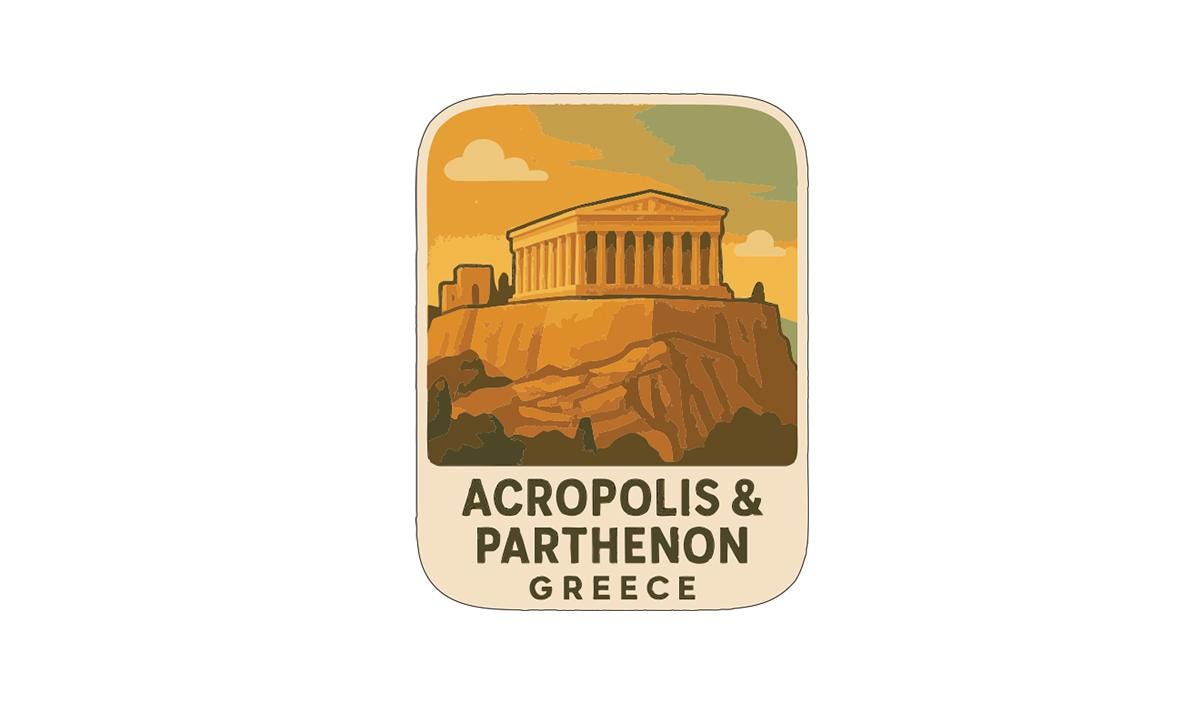 a stylized illustration of the Acropolis and Parthenon in Greece, with a warm, golden-orange background and a clear blue sky.