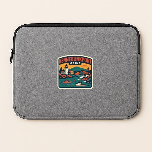 A gray laptop sleeve with a colorful graphic depicting a scenic view of Kennebunkport, Maine.