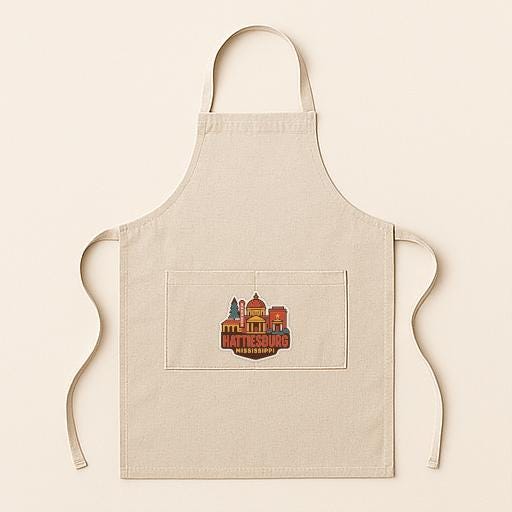 A beige apricot with a graphic design on the front pocket, featuring a cityscape.