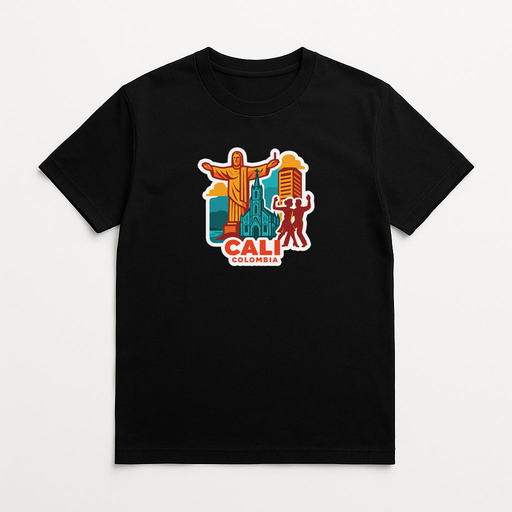 A black t-shirt with a colorful graphic design depicting a figure, buildings, and text.