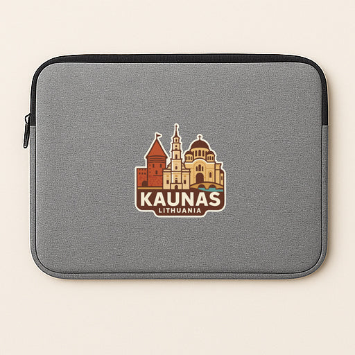 A gray laptop sleeve with a graphic design featuring the city of Kaunas, Lithuania.